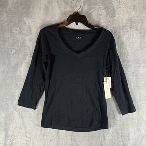 Three Dots Women's Top‎ M 3/4 Sleeve Black V Neck 100% Cotton Sustainable Shirt